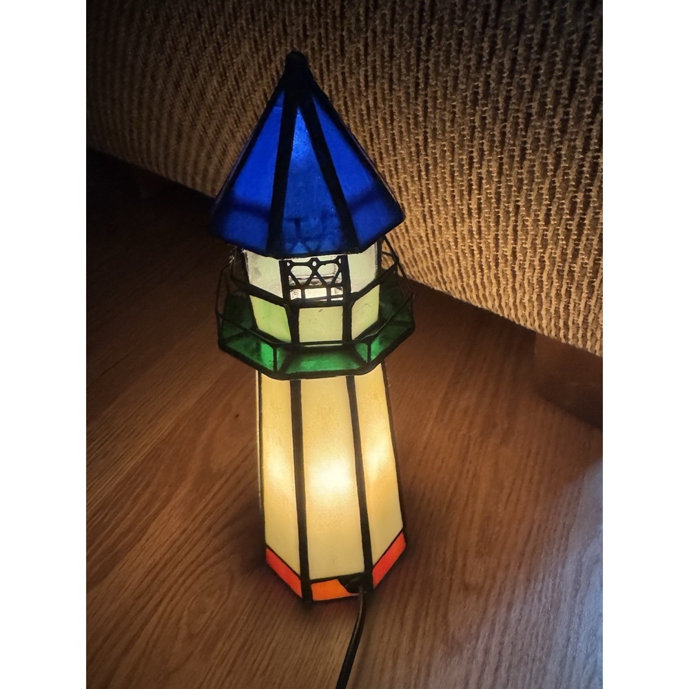 Vintage Stained Glass Lighthouse Accent Lamp Nautical Coastal Cabin Night Light